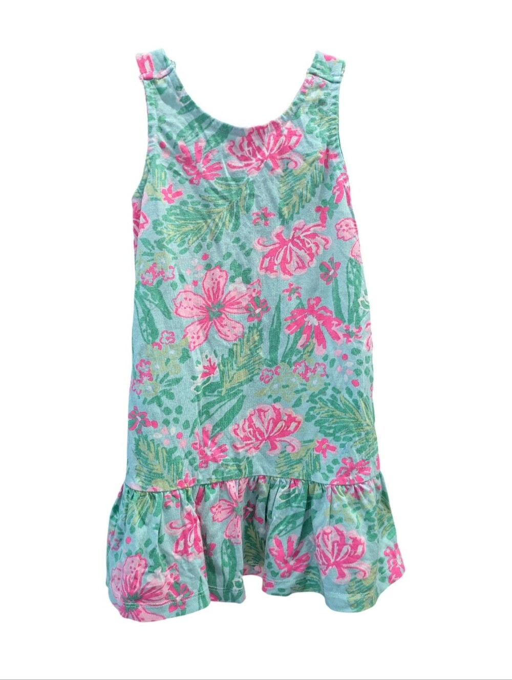 🌞4/20$ Stunning Tropical Floral Sleeveless Ruffle Hem Dress - Aqua Pink